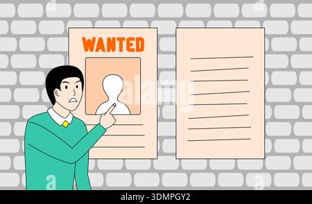 Man pointing at a wanted poster. The poster is on a wall Stock Vector