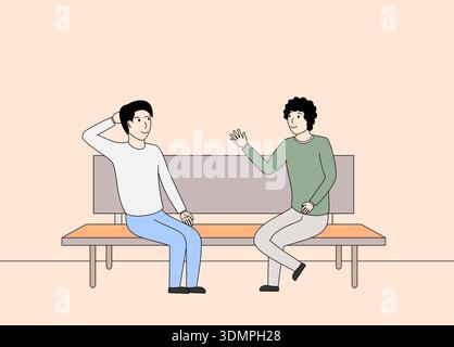 two people sitting on a bench talking intensely Stock Vector