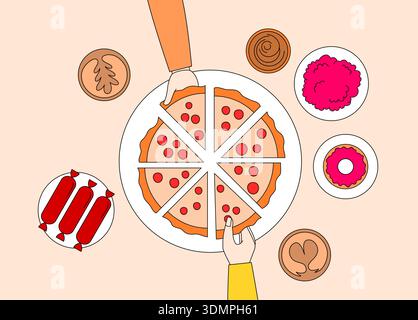 illustration of a pizza with a person holding a slice and another person reaching for it. The pizza is on a white plate and there are other food items Stock Vector