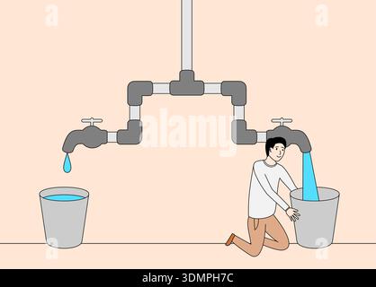Man is kneeling down in front of two buckets of water. One bucket is filled with water and the other is empty. The man is washing his hands in the buc Stock Vector