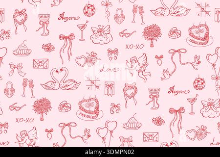 Whimsical Valentine seamless pattern hand drawn coquette doodle style. Cute girly elements Cupid, hearts, bows, ribbons, cake cocktails, cherries. Romantic vintage love playful elegant endless print Stock Vector