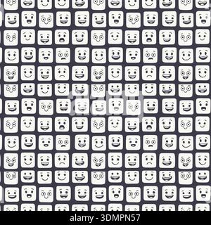 Seamless pattern featuring a square grid of funny face emoticons in black and white. Minimalist vector illustration with various facial expressions, perfect for social media backgrounds and modern decor. Stock Vector