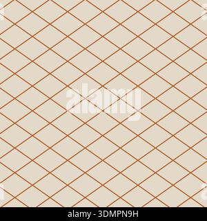 Retro beige and orange seamless pattern featuring a diamond lattice with thin diagonal criss-cross lines. Minimalist geometric vector illustration, perfect for vintage textiles, wrapping paper, and wallpaper. Stock Vector
