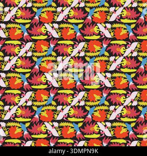 Vibrant seamless pattern featuring tropical birds and exotic flowers on a black background. Colorful hand-drawn folk art style vector illustration, pe Stock Vector