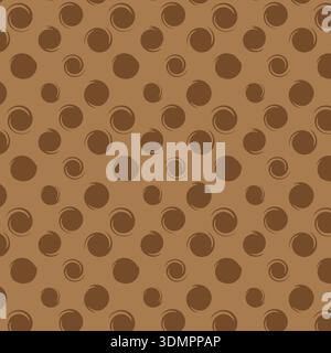 Dark brown circular seamless pattern with swirl accents on a light tan background; abstract geometric vector illustration for textile design, retro Stock Vector