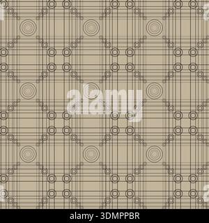 Geometric seamless pattern with concentric circles and grid lines on a beige background; technical vector illustration for blueprint-style wallpaper, Stock Vector