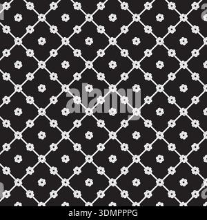 Seamless geometric floral pattern featuring white abstract flowers and diamond lattice lines on a black background, perfect for elegant textile and wa Stock Vector
