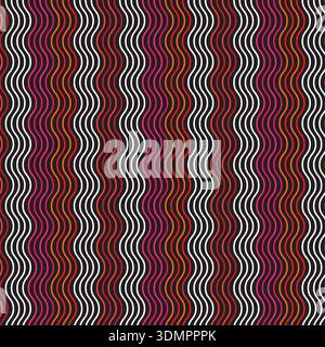 Seamless optical illusion pattern with colorful wavy vertical lines in red, orange, magenta, and white on a black background, creating a vibrant monoc Stock Vector