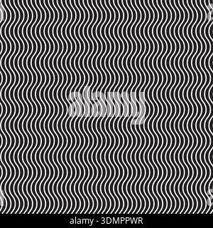 Seamless optical illusion pattern featuring white wavy vertical lines on a black background, creating a dynamic monochromatic ripple effect Stock Vector
