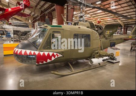 A Vietnam War era Bell UH-1 Huey helicopter gunship on display at