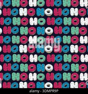 Seamless Christmas donut letter pattern "HO HO HO" with colorful sprinkles on dark background. Festive sweet food vector for holiday decor and gifts Stock Vector
