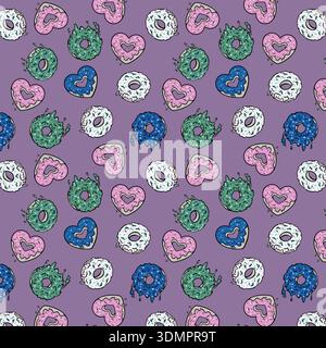 Seamless colorful donut pattern on purple background. Tasty glazed doughnuts with sprinkles vector for food packaging, wallpaper, and sweet decor Stock Vector