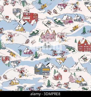 Whimsical Winter Sports Village Seamless Pattern; Detailed Illustration featuring Skiing, Snowboarding, and Sledding in a Snow-Covered Town for Holida Stock Vector