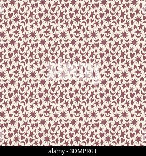 Mid-Century Modern Atomic Starburst Pattern Vector; Seamless 1950s Retro Design with Geometric Stars, Hearts, and Moons for Vintage Textiles, Wallpape Stock Vector