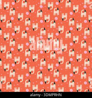 Cute Witch Cat Halloween Seamless Pattern on an Orange Background; Whimsical Black and White Kittens with Wizard Hats and Magic Bubbles for Kids Stock Vector