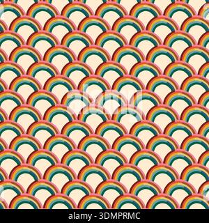 Retro Rainbow Scallop Pattern Vector; Seamless Arched Design with Terra Cotta, Orange, and Navy Blue Stripes on a Beige Background for 70s Inspired Stock Vector