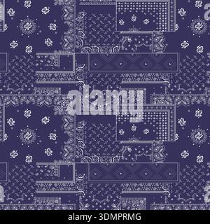 Navy Paisley Bandana Patchwork Vector; Seamless Vintage Textile Design with Intricate White Ornaments and Traditional Folk Art Patterns for Fashion Stock Vector