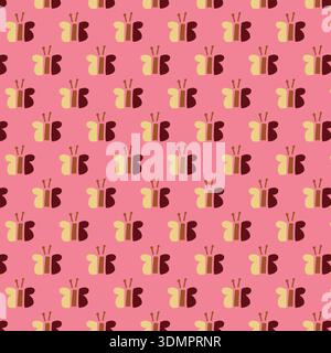 Seamless Butterfly Pattern with Stylized Yellow and Red Wings on a Pink Background; Vibrant Insect Vector Illustration for Nursery Decor, Kids' Fabric Stock Vector