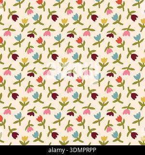 Seamless Floral Pattern with Colorful Tulip-Like Flowers on a Light Beige Background; Vibrant Botanical Vector Illustration for Spring Textiles, Nurse Stock Vector