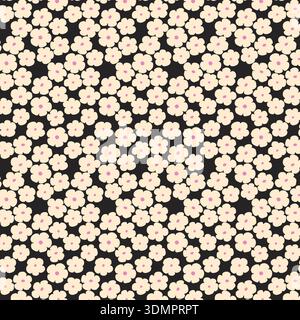 Seamless Floral Pattern with Cream Five-Petal Flowers on a Black Background; Dense Botanical Vector Illustration for Modern Textiles, Wallpaper Stock Vector