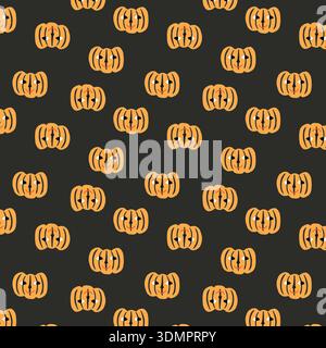Seamless Halloween Jack-o'-Lantern Pattern with Orange Pumpkins on a Dark Gray Background; Spooky Holiday Vector Illustration for Gift Wrap, Party Stock Vector