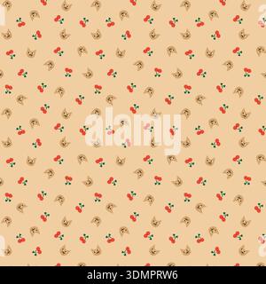 Seamless Pattern with Cartoon Cat Faces and Red Cherries on a Beige Background; Cute Animal Vector Illustration for Nursery Decor, Kids' Fashion Stock Vector