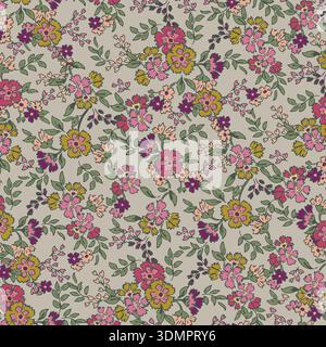 Seamless Floral Pattern with Pink, Yellow, and Purple Vintage Flowers on a Beige Background; Elegant Ditsy Print for Shabby Chic Textiles, Wallpaper, Stock Vector