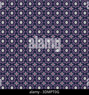 Seamless Decorative Floral Pattern with White and Pink Blossoms on a Dark Purple Background; Intricate Mandalas and Folk Art Motif for Textiles Stock Vector