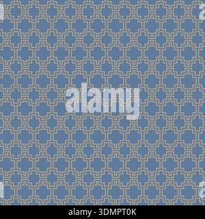 Seamless Geometric Pattern with Interlocking Crosses and Squares in Blue and Gold; Elegant Vector Illustration for Backgrounds, Textiles, and Wallpape Stock Vector
