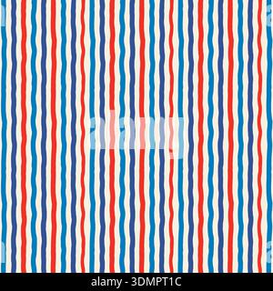 Seamless wavy line pattern with red, blue, and white vertical stripes. Abstract nautical-themed vector illustration. Stock Vector