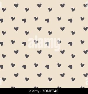 Seamless romantic pattern featuring hand-drawn black doodle hearts on a beige background. Elegant minimalist heart illustration Stock Vector