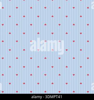 Seamless romantic pattern featuring small red hearts on a light blue vertical striped background. Dainty Valentine's Day design Stock Vector