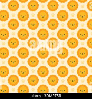 Cute lion face seamless pattern featuring cartoon animal heads on a yellow sunburst background. Whimsical nursery illustration. Stock Vector