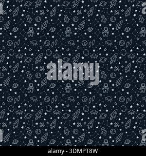 Seamless space pattern with astronauts, rockets, planets, and UFOs on dark background. Whimsical cosmic illustration for kids. Stock Vector