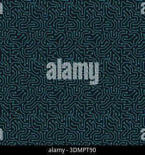 Seamless circuit board pattern featuring turquoise PCB design lines on a dark background, creating a high-tech digital texture for electronics, cybers Stock Vector