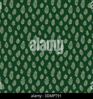 Seamless leaf pattern featuring stylized beige foliage on a deep forest green background, creating a sophisticated minimal botanical texture for luxur Stock Vector