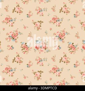 Seamless vintage floral pattern with clusters of pink and blue roses on a light beige background, romantic botanical vector design Stock Vector