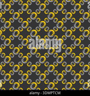 Seamless concentric circle optical illusion pattern, yellow and gray diagonal geometric grid on dark background vector design. Stock Vector