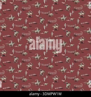 A high-quality seamless vector pattern featuring classic Western rodeo scenes. This detailed illustration includes cowboys on horseback, lassoing Stock Vector