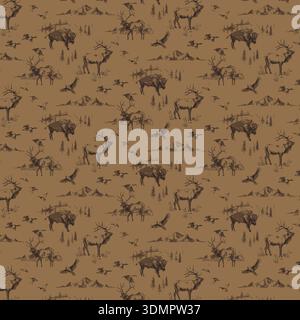 A high-quality seamless vector illustration featuring majestic elk, bison, and birds in a dense mountain forest. This rustic, monochrome wildlife patt Stock Vector