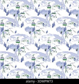 A high-quality seamless vector illustration featuring a vintage-style winter ski resort. This detailed mountain landscape includes cable cars, evergre Stock Vector