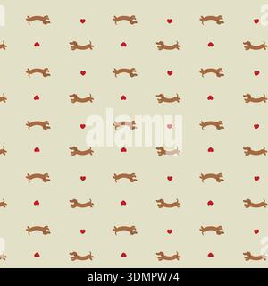 A charming seamless vector illustration featuring cute brown dachshund (sausage dog) motifs paired with small red hearts on a cream background. This p Stock Vector
