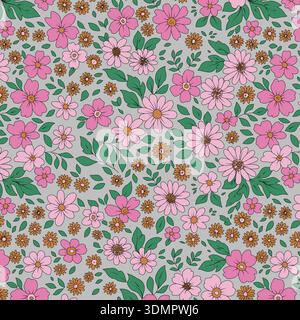 Seamless pink floral pattern with hand-drawn daisies and green leaves on a light gray background. Vintage botanical vector for spring textiles, romantic wallpaper, and digital scrapbooking paper. Stock Vector