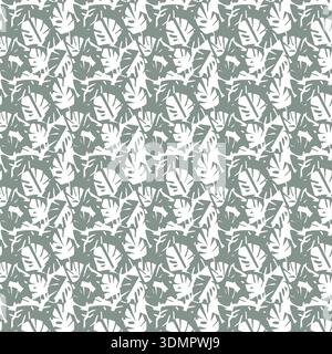 Seamless tropical Monstera leaf pattern in sage green. Minimalist botanical wallpaper and floral textile design. Elegant white foliage silhouettes for modern interior decor and nature backgrounds. Stock Vector