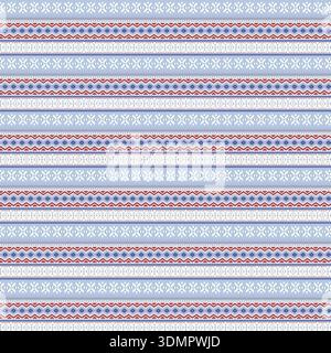 Seamless winter knitted vector pattern featuring a traditional Scandinavian Fair Isle design with red and blue geometric borders on a light blue background, perfect for Christmas textile prints and festive sweater textures. Stock Vector
