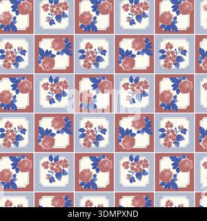 Vintage seamless vector pattern with pink roses and blue leaves on a checkered background, ideal for fabric, wallpaper, textiles, and retro designs. Stock Vector