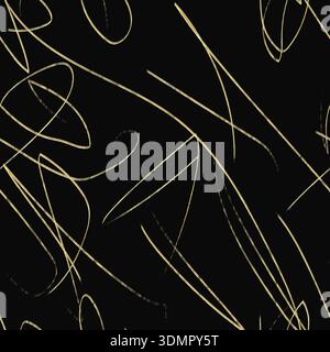 Seamless gold line abstract pattern on a black background. Modern luxury decorative vector illustration with elegant scribbled metallic motifs for pre Stock Vector