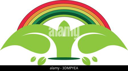 Ecological logo or icon with rainbow and green leaves. Beautiful element for your design Stock Vector