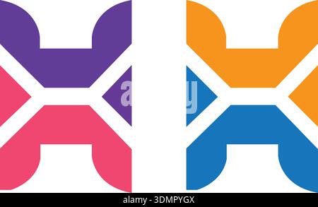 Overlapping one line letter H logotype. Curve rounded font. Vibrant glossy colors Stock Vector