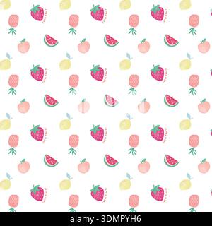 Pastel fruit pattern with watercolor strawberries, peaches, pineapples, lemons, and watermelons on a white background. Seamless summer food vector Stock Vector